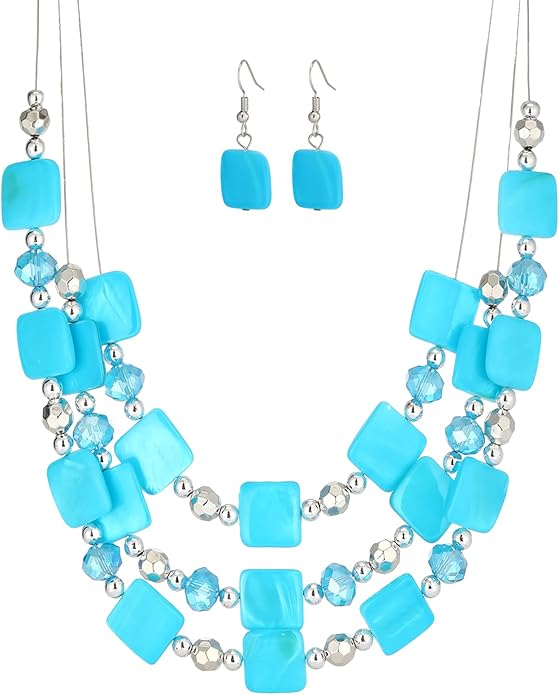 Layered Beaded Statement Necklaces for Women Square Shell Bead Collar Necklace and Earring Set Birthday Gifts Boho Jewelry Sets for Women