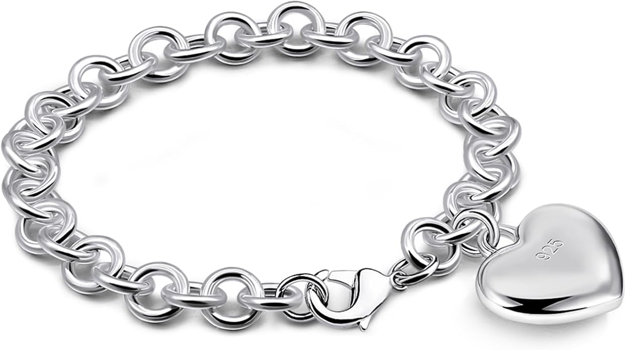 Dankadi Women 925 Sterling Silver Round Cable Wire Link Bracelet Charm Heart-Bell-Square-Circle Pendant Chain Bangle Fine Jewelry Gift For Wife Her