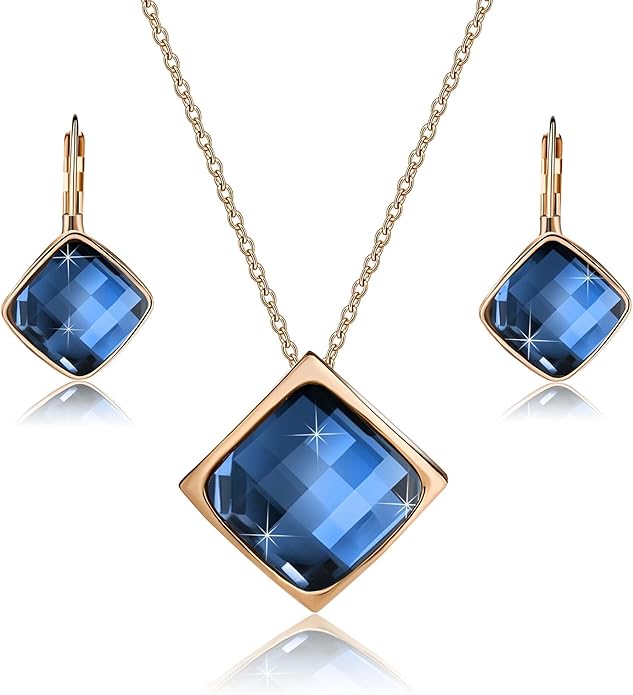 EVEVIC Square Austrian Crystal Necklace Earrings for Women Fashion 18K Gold Plated Hypoallergenic Jewelry Set