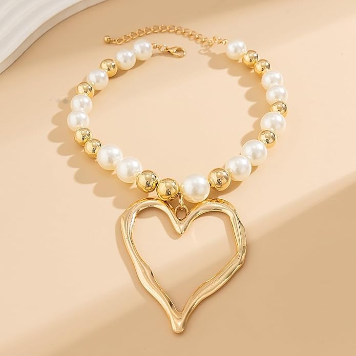 Y2k Large Heart Necklaces for Women Chunky Love Pearl Ball Beads Choker Necklaces Exaggerated Big Hollow Heart Pendant Necklace Statement Jewelry Gifts