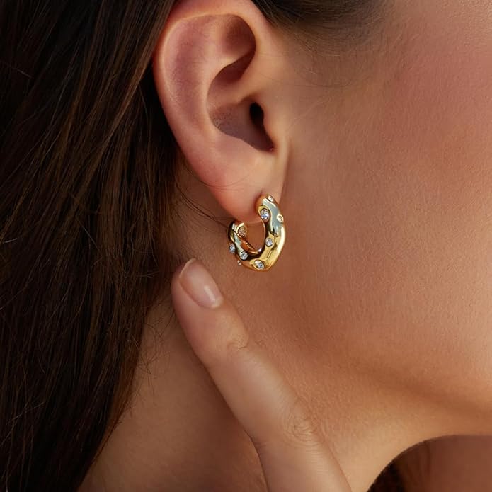 Gold Earrings for Women Girls,14K Gold Plated Hoop Earrings with 925 Sterling Silver Post Cubic Zirconia Stud Earring Huggie Hoops Earrings