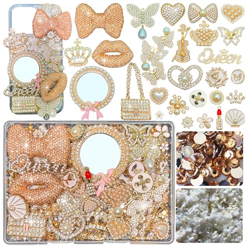 Champagne Gold Junk Case Charms Kit Junks Phones Cases 3D Pearl Butterflies Rhinestone Lips Bows Chain Bags Hearts Crowns Violins And Other Bedazzling Can Be Used In DIY Phone Case Designs
