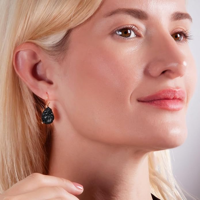 Teardrop Dangle Earrings for Women with Simulated Druzy Stones in Gold or Silver Tone