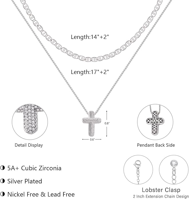 OGD Bubble Cross Necklace for Women 14k Gold Plated Cross Necklace Stackable Dainty Gold Necklace Mariner Chain Necklace CZ Cross Pendant Necklaces Set Simple Jewelry Gift