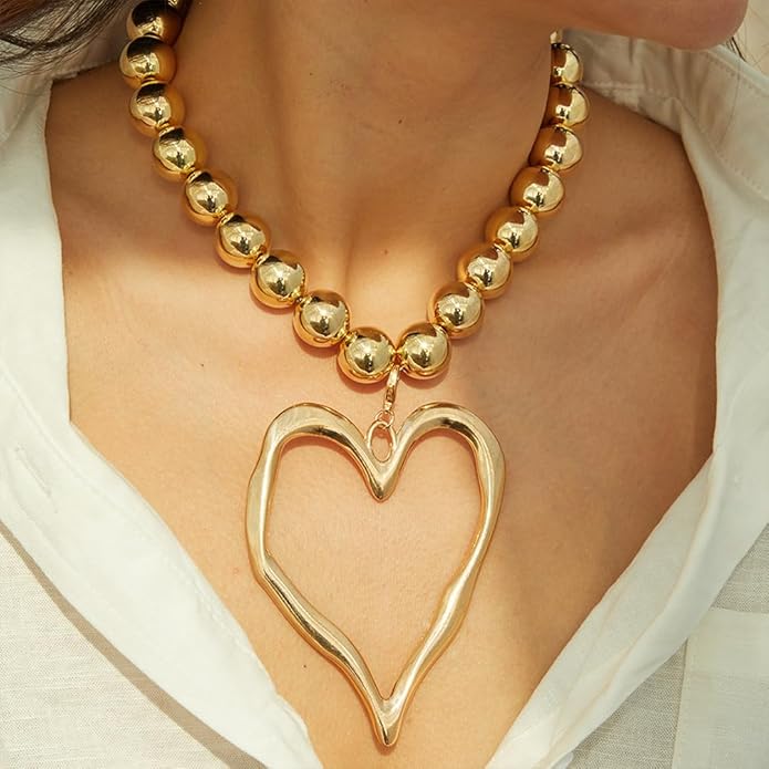 Unique Big Chunky Gold Heart Beads Necklace for Women, Charm Large Thick Hollow Love Heart Pendant Beaded Chain Choker Necklaces Party Y2K Jewelry Gift