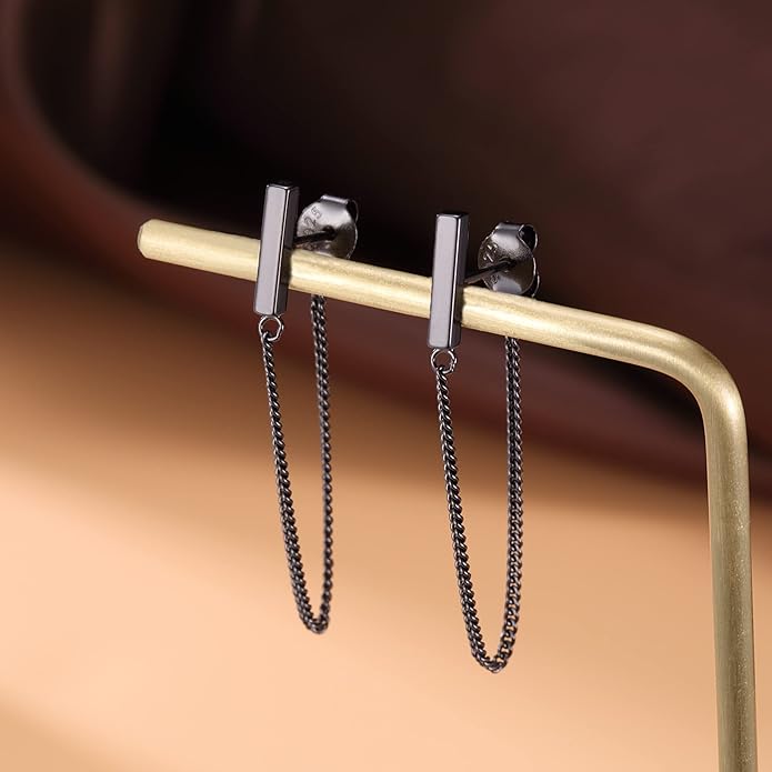Reffeer Solid 925 Sterling Silver Stud Earrings Minimalist Bar Earrings with Chain Dangle Earrings For Women