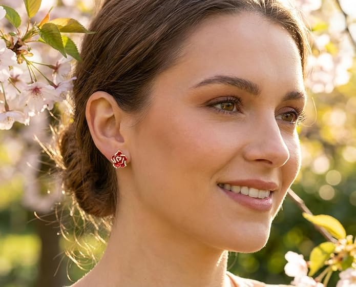 Pink Red Enamel Flower Crystal Edge Spring Retro Floral Rose Clip On Earrings For Women Non Pierced Ears 14K Gold Plated