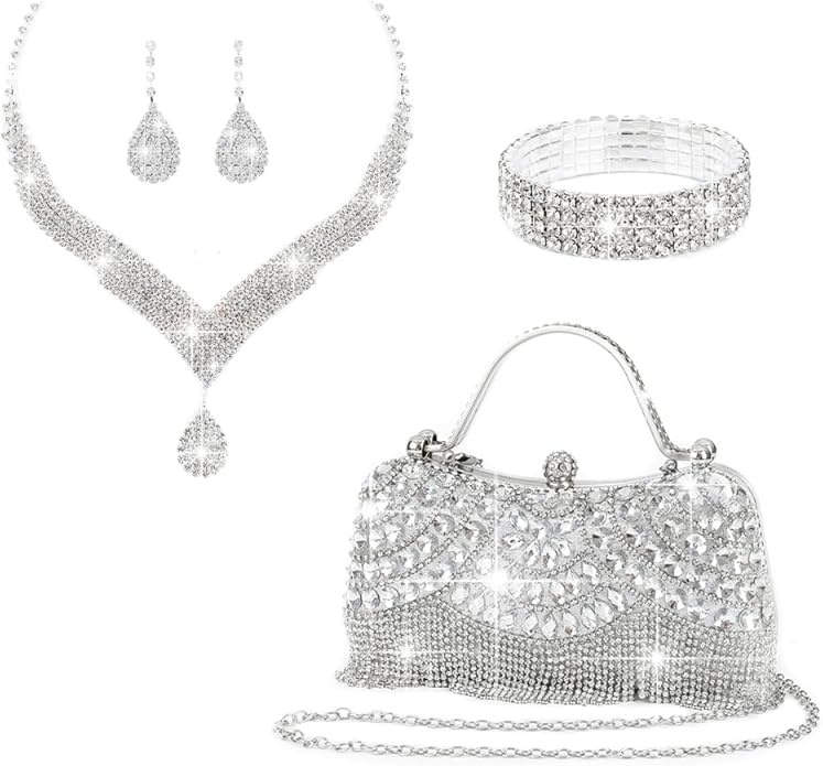 4-piece set of handcrafted fringed diamond-encrusted wedding ladies' crossbody handbag, necklace, earrings, bracelet, dinner bag, party ball bag, birthday and wedding, evening dress bag