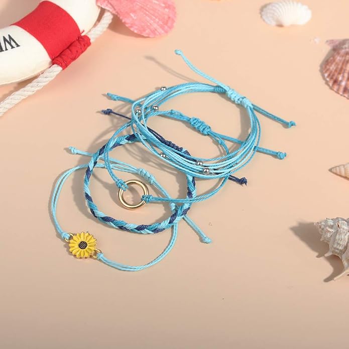 FANCY SHINY Sunflower String Bracelet Boho Braided Rope Wrap Bracelets Cute Summer Beach Surfer Jewelry for Women