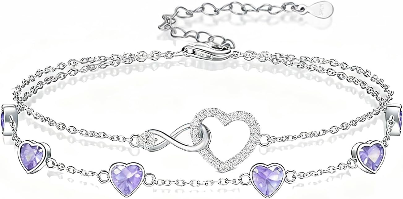 Prismata Infinity Birthstone Charm Link Bracelet 925 Sterling Silver Adjustable 12 Months Birthstone Infinity Bracelet Birthday Jewelry Gifts for Women Mom Her,with 7"+2" chain