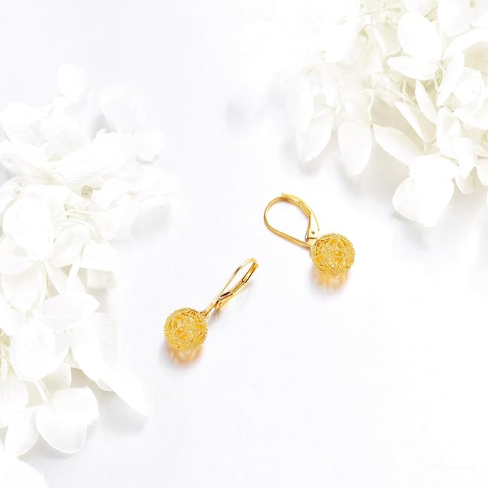 DOVRAN 10K 14K Solid Gold Leverback Earrings for Women Real Yellow Gold Filigree Dangle Earrings Trendy Jewelry Birthday Christmas Gifts for Wife Mom