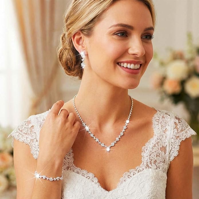 Unicra Bride Crystal Necklace Earrings Set Bridal Wedding Jewelry Sets Rhinestone Choker Necklace Costume Jewelry Set for Women and Brides (3 piece set - 2 earrings and 1 necklace)
