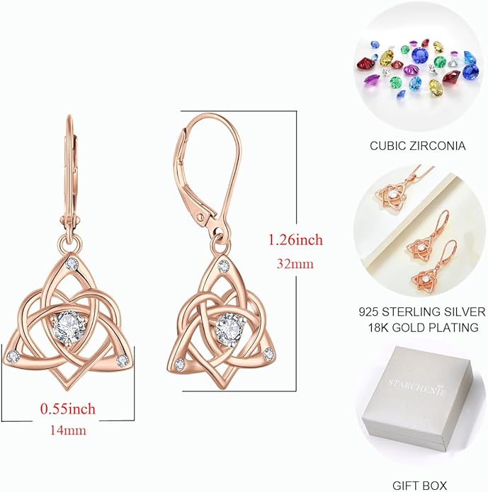 Starchenie Celtic Knot Dangle Earrings Sterling Silver Trinity Love Knot Leverback Earrings Gemstones Jewelry for Women