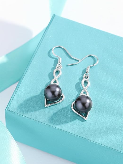 Tahitian Black Pearl Earrings Gifts for Women Wife Celtic Dangle Drop Earrings Wedding Birthday Anniversary Jewelry Valentines Christmas Day Gifts 925 Sterling Silver