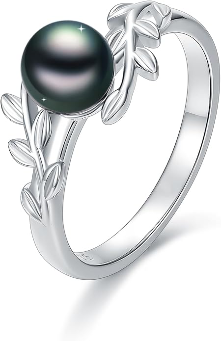 Tahitian Black Pearl AAAA 18K White Gold Plated Sterling Silver Rings for Women Wife Mom Girlfriend Valentine Her Jewelry Gift for Christmas Wedding Anniversary Birthday Graduation