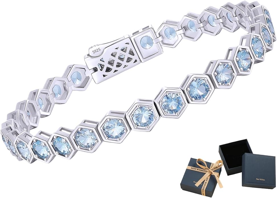 Birthstone Tennis Bracelets for Women Birthday Gifts 925 Sterling Silver Hexagon White Gold Bracelets Round Cut 5A Cubic Zirconia Prong Setting 7 Inch Anniversary Jewelry Gift