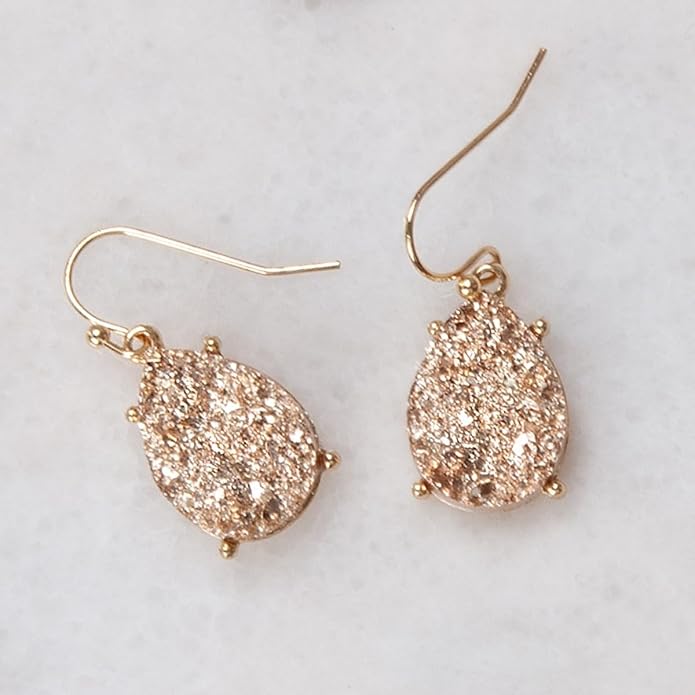 Teardrop Dangle Earrings for Women with Simulated Druzy Stones in Gold or Silver Tone
