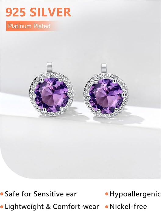 Silvora 925 Silver 8MM Cubic Zirconia Birthstone Clip On Stud Earrings Round Non Pierced Earrings For Women,Come with Box
