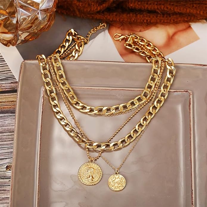 Pirate Necklace Chunky Gold Necklace for Women vintage Pirate Coin Pendant Necklace Fashion Chunky Chain Choker Necklaces Pirate Costume Women Men Jewellery