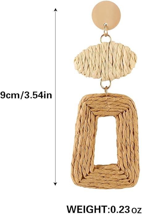 Handmade Raffia Hoop Earrings Statement Tropical Bohemian Straw Dangle Earrings Natural Rattan Vacation Style Round Earrings for Women Summer Beach Party Essential Jewelry