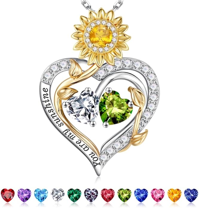 Iefil Valentines Day Gifts for Her - 925 Sterling Silver Sunflower Double Birthstone Necklace for Women, Anniversary Birthday Gifts for Wife, You Are My Sunshine Necklaces, Jewelry for Wife Mom