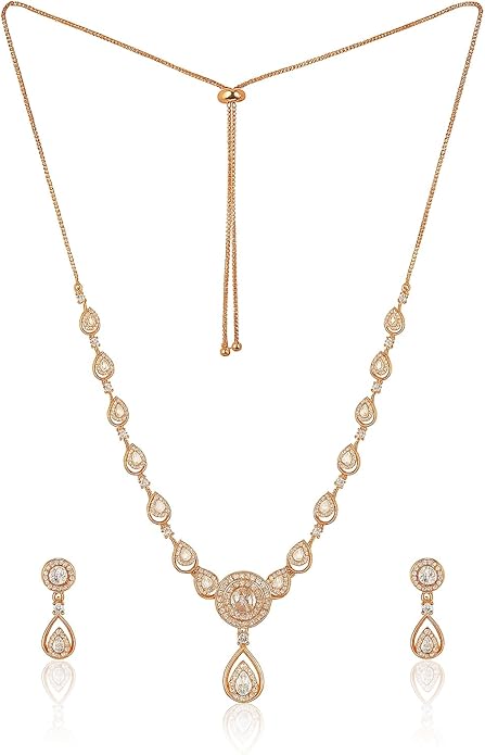 Nilu's Collection American Diamond Stone Studded | Rose Gold/Silver Plated | Anti Tarnish Jewellery Set for Women | Matching Earrings Perfect for Weddings and Special Occasions