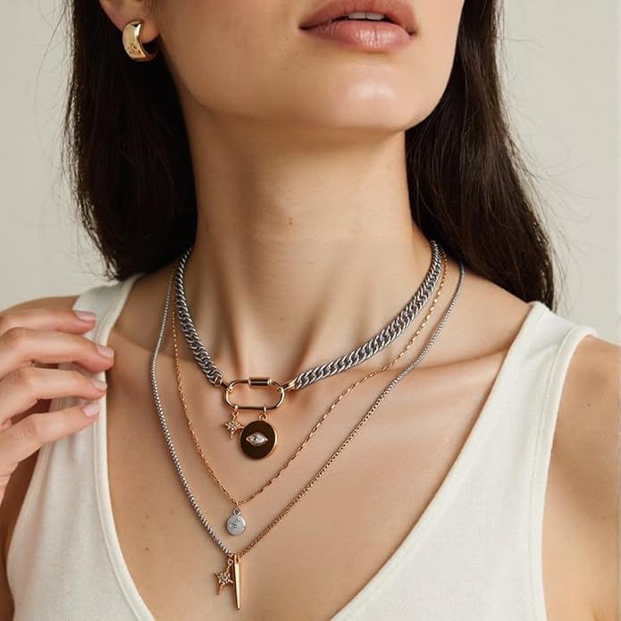 Valentines Day Gifts for her,Gold Statement Necklace,Muliti Layered Necklaces for Women,Chunky Two Tone Mixed Metal Necklace Set with Charm Pendant, Paperclip Stacked Chain, Trendy Coin Jewelry Gift for Her Gifts for Chrismas
