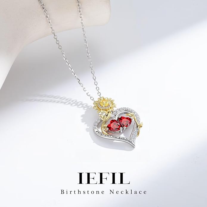 Iefil Valentines Day Gifts for Her - 925 Sterling Silver Sunflower Double Birthstone Necklace for Women, Anniversary Birthday Gifts for Wife, You Are My Sunshine Necklaces, Jewelry for Wife Mom
