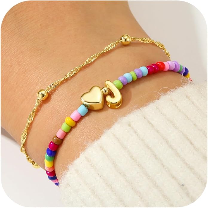 Ursteel Valentines Day Gifts for Kids Teen Girls - 14K Gold Plated Beaded Letter A-Z Bracelet, Layered Stretch Initial Bracelets, Women Trendy Bohemian Jewelry Birthday Gifts