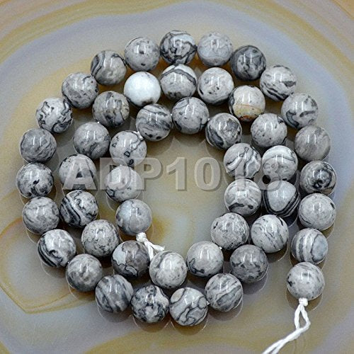 AD Beads Natural Gemstones 8mm Round Loose Beads 15'' ~ 16'' Pick Stone (Smooth Landscape) - color: Smooth Landscape