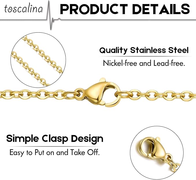 20 Pack Necklace Chains Gold Plated Stainless Steel Cable Chain Necklace Bulk for Jewelry Making, 20 Inches