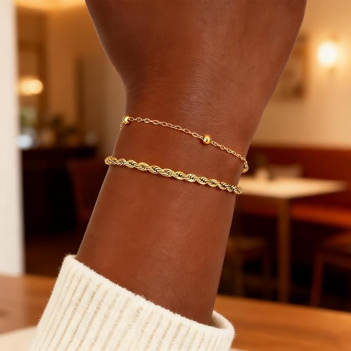 18K Gold Plated Bracelet Sets for Women Waterproof - Trendy Thin Dainty Stackable Cuban Link Paperclip Snake Twisted Chain Fashion Jewelry Accessories Gifts for Women