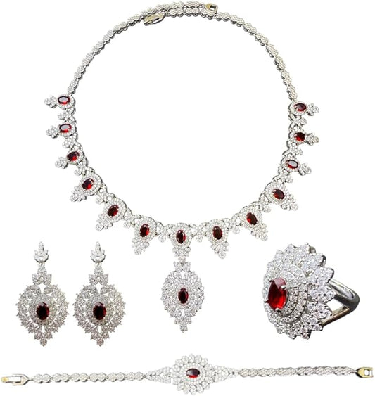 Rhinestone Wedding Bridal Jewelry Set Women's Prom-Style Necklace, Earrings, Bracelet, Ring Bridesmaid Gift Pairs with Evening Gown