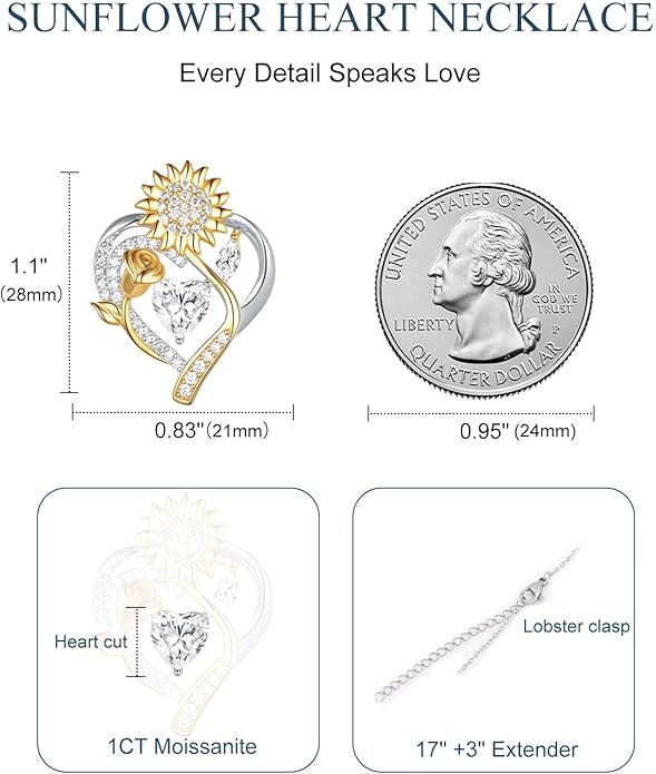 S925 Silver Moissanite Necklaces for Women, Anniversary Birthday Gifts for Wife Mom Her, Christmas Jewelry Gifts for Her, Moissanite Heart Pendant, Sunflower Heart Necklace