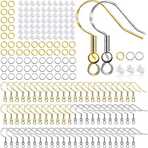 Hypoallergenic Earring Hooks 150 PCS/75 Pairs, Silver Plated Ear Wires Fish Hooks,500pcs Earring Making Kit with Jump Rings and Clear Silicone Earring Backs Stoppers for DIY Jewelry Making - color: Silver,Gold, size: 500pcs