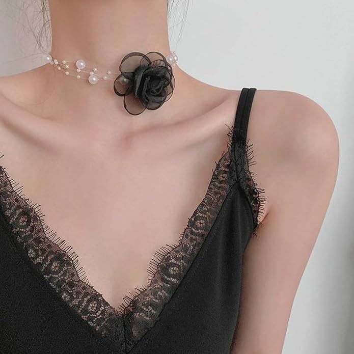 Boho Flower Pearl Choker Necklace for Floral Choker,Women Dainty Pearl Beaded Chain Collar Necklace Flower Necklace for Women Trendy Jewelry