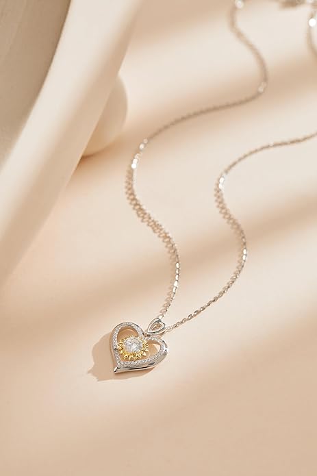 Sunflower Moissanite Heart Necklace for Women, Anniversary Birthday Gift for Wife, S925 Silver Moissanite Lab-Created Gem Jewelry for Her Girlfriend Mom