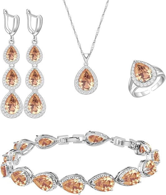 LMXXVJ Necklace Long Earrings Bracelet Set, White Gold Plated Created Blue Sapphire Jewelry Set Wedding Party Gift Jewelry for Women Bridal Bridesmaid