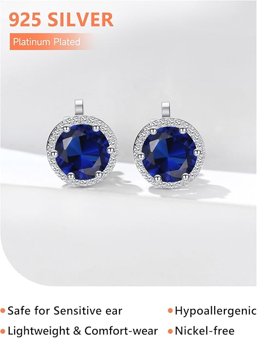 Silvora 925 Silver 8MM Cubic Zirconia Birthstone Clip On Stud Earrings Round Non Pierced Earrings For Women,Come with Box