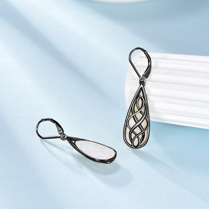 VONALA White Opal Celtic Knot Dangle Drop Earrings for Women 925 Sterling Silver Boho Chic Jewelry Gift for Women