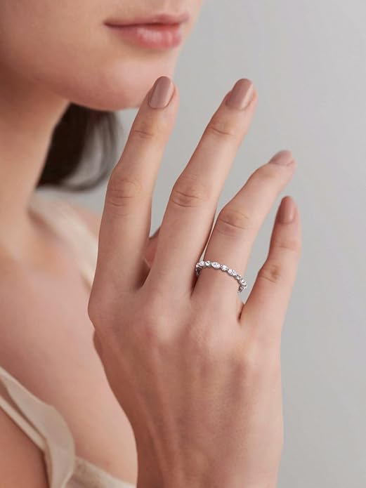 D Color VVS1 Clarity Moissanite Hand Setting Eternity Rings for Women, Solid 925 Sterling Silver Rhodium Finish, Stackable Ring, Wedding Birthday Valentines Anniversary Mothers Day Ideal Gift for Her