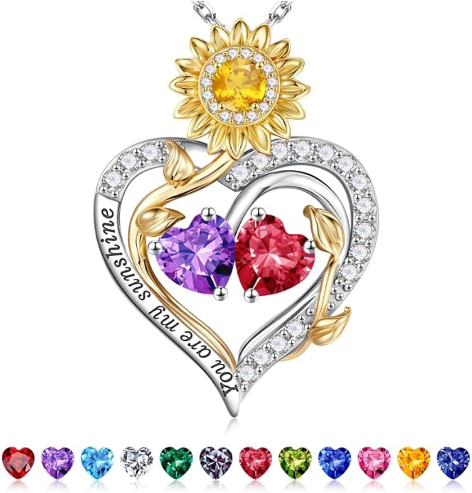 Iefil Valentines Day Gifts for Her - 925 Sterling Silver Sunflower Double Birthstone Necklace for Women, Anniversary Birthday Gifts for Wife, You Are My Sunshine Necklaces, Jewelry for Wife Mom