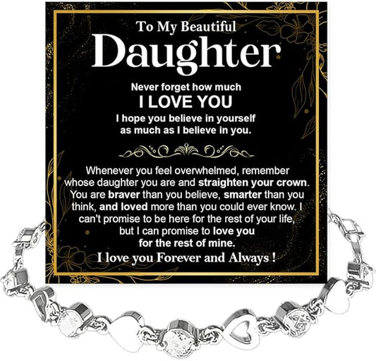 To My Daughter Bracelet, Silver Heart Chain Bracelet with Shiny Stones, Perfect Birthday or Graduation Christmas Gift for Daughter with Message Card and Gift Box