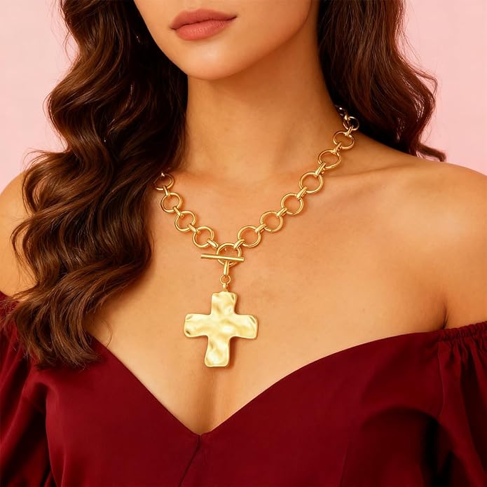 Gold Chunky Cross Pendant Necklace for Women Silver Layered Statement Wide Cross Necklace Golden Vintage Bold Hammered Crosses Charm Necklace Jewelry