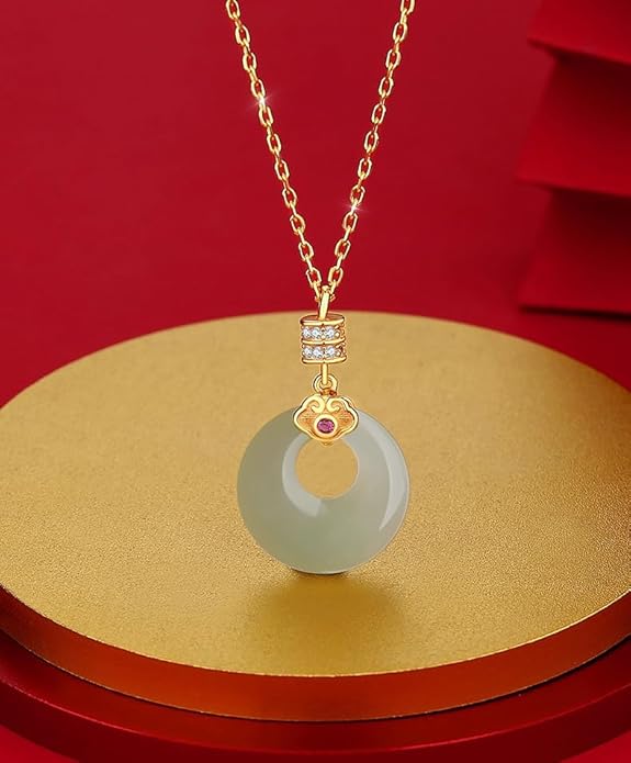 14K Gold Real A Grade Hetian Jade Peace Buckle Necklace, Lucky Koi Moissanite Pendant, Delicate Jade Jewelry Gift for Her Well-being