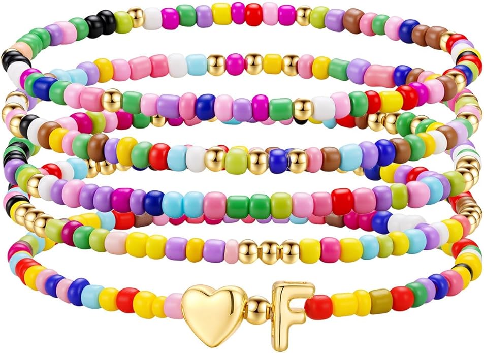 M MOOHAM Valentines Gifts for Kids - 5PCS Colorful Beaded Initial Bracelets for Girls Women Cute Stretch Heart Letter Bracelet Initial Stackable Bracelet Birthday Gift Jewelry for Kids Teen Girl