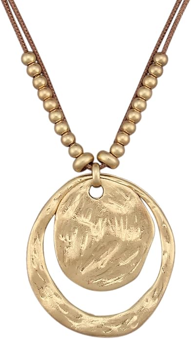 Boho Leather Necklace Women Bohemian Brown Circle Pendant Necklace Choker Long Necklaces for Women Boho Ring Large Pendant