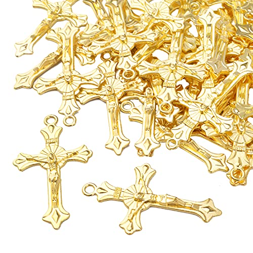 BronaGrand 50pcs Alloy Cross Charms Pendants Jewelry Rosary Cross Charms for DIY Bracelet Necklace Jewelry Making Findings,37×22mm - color: Gold