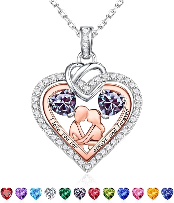Iefil Valentines Day Gifts for Her - 925 Sterling Silver Double Heart Birthstone Necklace for Women, Anniversary Birthday Gifts for Wife I Love You Gift Couple Sitting Hugging Each Other Jewelry Gift