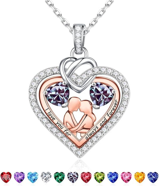 Iefil Valentines Day Gifts for Her - 925 Sterling Silver Double Heart Birthstone Necklace for Women, Anniversary Birthday Gifts for Wife I Love You Gift Couple Sitting Hugging Each Other Jewelry Gift